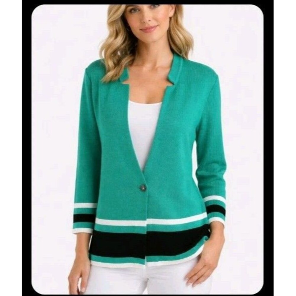 Misook Size S Green Black/White Color Block Striped Knit Cardigan Sweater